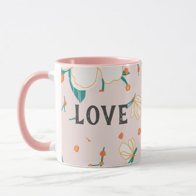 Caneca Amor Padrão floral personalizado de aquarela rosa (Esquerda)