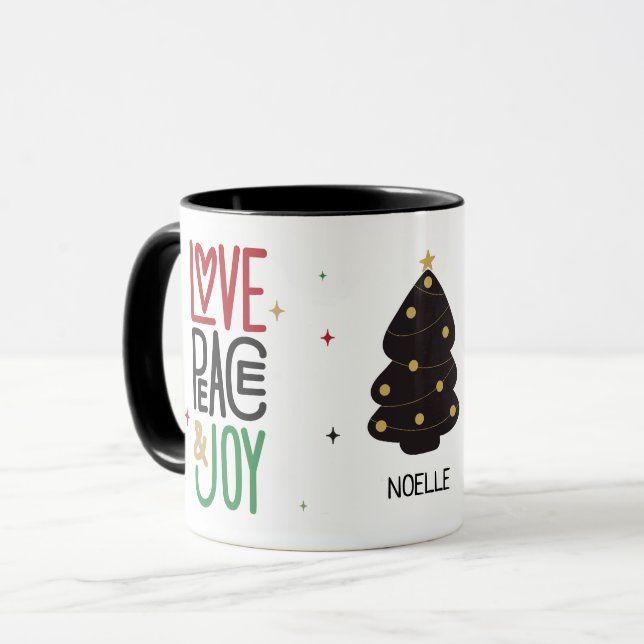 Caneca Amor, Paz e Joy Árvore de Natal (Frente Esquerda)