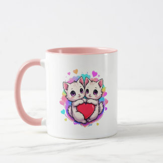Caneca Amor Puro: Gatos Casais de Kawaii com Coração