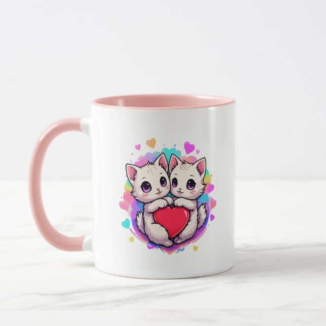 Caneca Amor Puro: Gatos Casais de Kawaii com Coração (Esquerda)