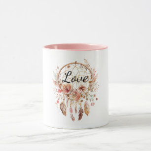 Caneca Amor Rosa Boho Penas Florais Sonho Catcher