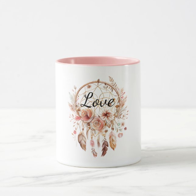 Caneca Amor Rosa Boho Penas Florais Sonho Catcher (Centro)