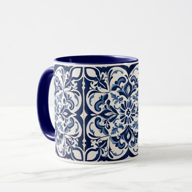 Caneca Andaluzia Mosaico, Azul Anítico, Design Branco (Frente Esquerda)