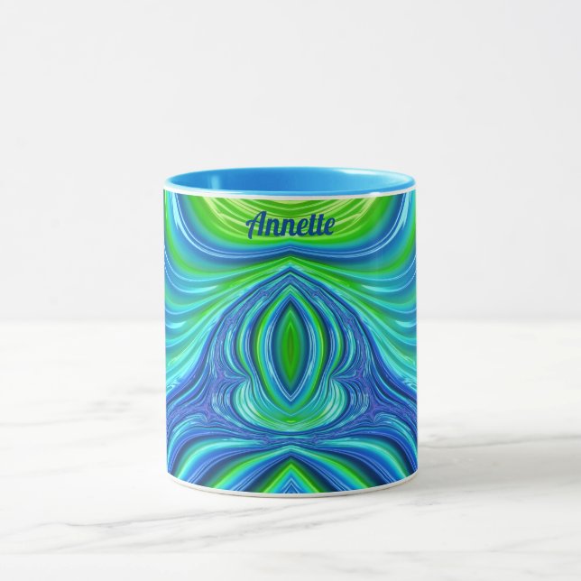 Caneca ANETE ~ Zany 3D Fractal ~ Azul Verde (Centro)