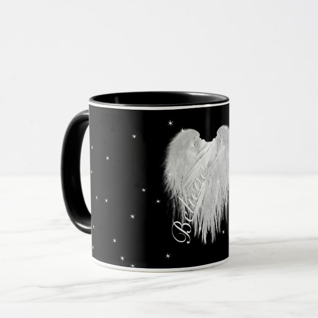 Caneca ANGEL WINGS 'Acredite' Coração Negro Starry (Frente Esquerda)