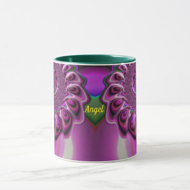 Caneca ANGEL ~ Zany 3D Fractal ~ Verde Rosa Púrpura (Centro)