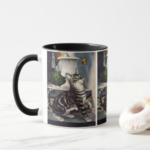 Caneca Animais Antigos, Gato Tabby Fofo e Borboleta