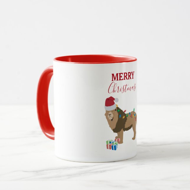 Caneca Animal engraçado do Leão de Natal com Papai Noel (Frente Esquerda)