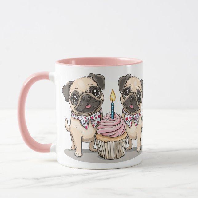 Caneca Aniversário Cupcake de Cães Pug (Esquerda)
