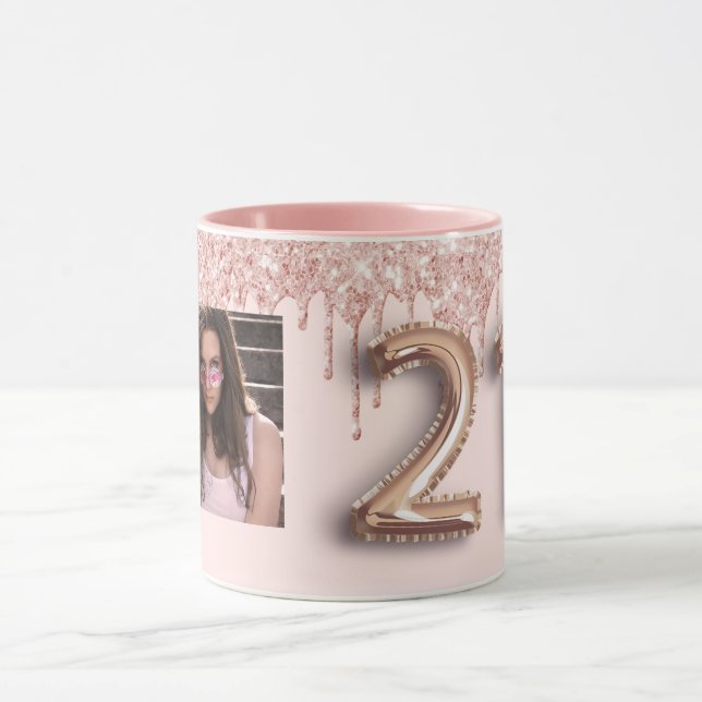 Caneca aniversário de 21 anos rosa dourado glitter goteja (Centro)