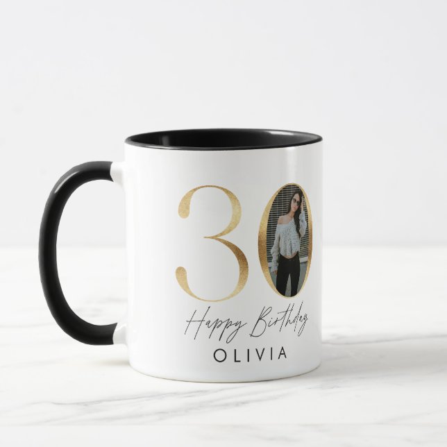 Caneca aniversário de 30 anos Modern Dourada foto elegant (Esquerda)