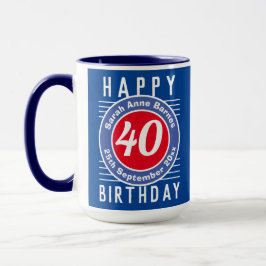 Caneca aniversário de 40 anos com idade, nome e data