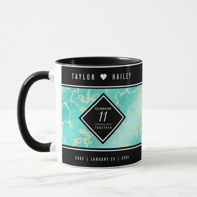 Caneca Aniversário de Casamento da 11 Turquesa Elegante (Esquerda)