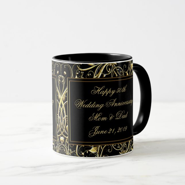 Caneca Aniversário de casamento Dourado preto do Flourish (Frente Esquerda)