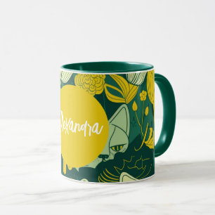 Caneca Aniversário do Prato de Gato Verde e Amarelo Perso