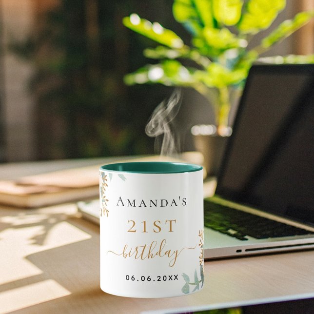 Caneca Aniversário rosa dourado floral eucalipto (Criador carregado)