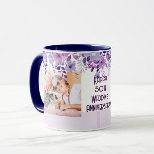 CANECA ANIVERSÁRIO SIMPLES DE QUADRO FLORAL 50º CASAMENTO