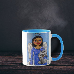 Caneca Anjo do gato do anjo da arte popular na nuvem