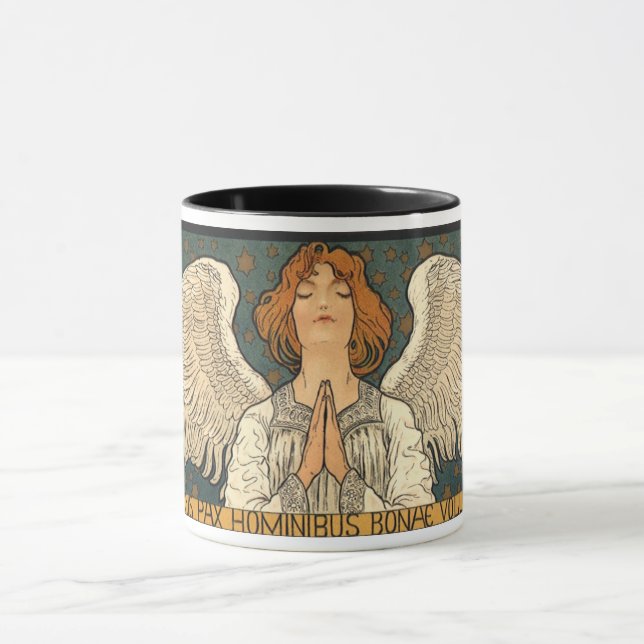 Caneca Anjo Religioso Antigo Rezando com Estrelas Dourada (Centro)