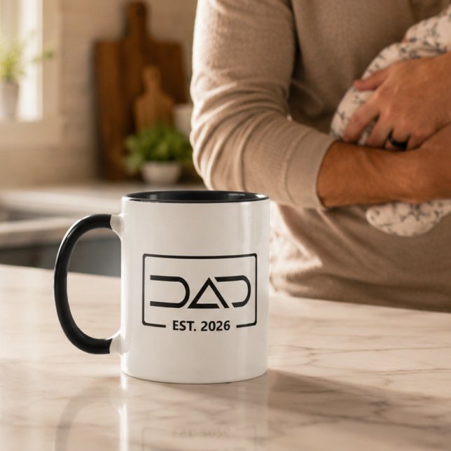 Caneca Ano de Fundação do Papai Tipografia Moderna (dad established fathers day  mugs modern geometric bordered black white typography simple year date)