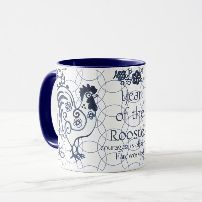 Caneca Ano Novo Chinês do Zodíaco Azul-Rooster (Frente Esquerda)