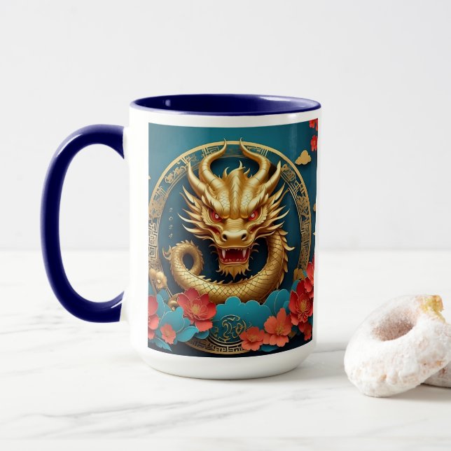 Caneca Ano Novo do Dragão Chinês Majestoso (Com Donut)