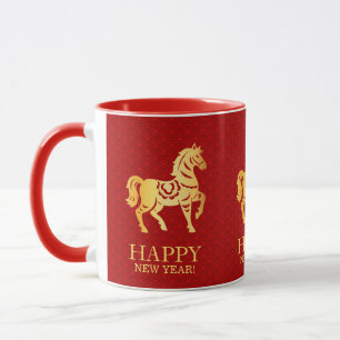 Caneca Ano Novo Lunar Chinês do Cavalo 2026 Vermelho Dour