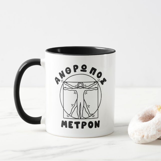 Caneca Anthropos Metron Citação Grega + Homem Vitruviano (Com Donut)