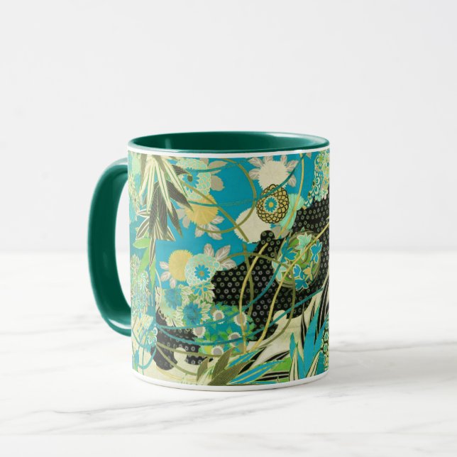 Caneca ANTIQUE FLORES JAPONESAS Aqua Azul Floral Verde (Frente Esquerda)
