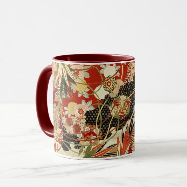 Caneca ANTIQUE FLORES JAPONESAS FLORES Vermelhas Verde Pr (Frente Esquerda)