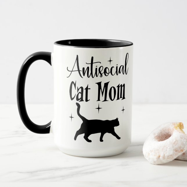 Caneca Antisocial Cat Mom Black Cat Stars Funny Sarcastic (Com Donut)