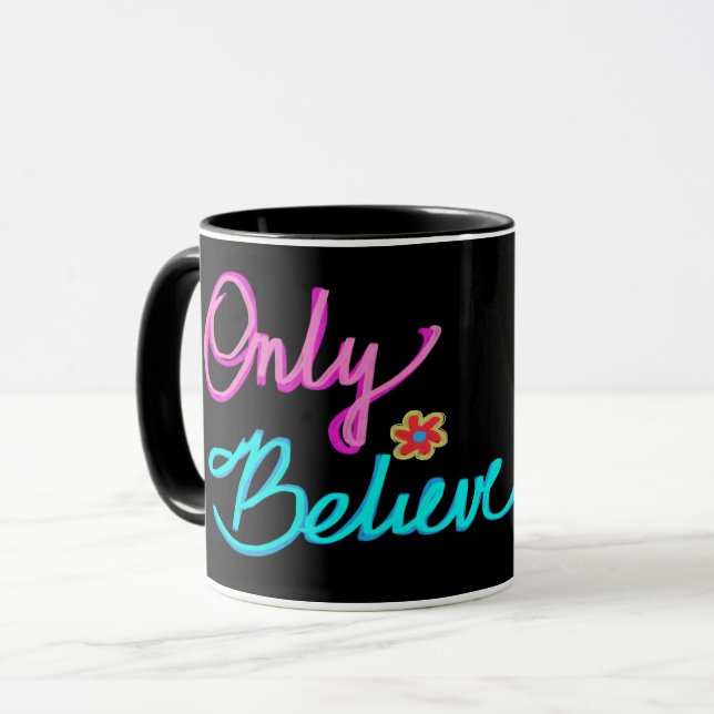 Caneca Apenas Acredite Citação de Fé Cristã Preta (Frente Esquerda)