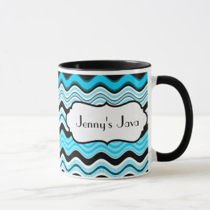 Caneca Aqua, Black, White Wavy Stripes Personalizadas