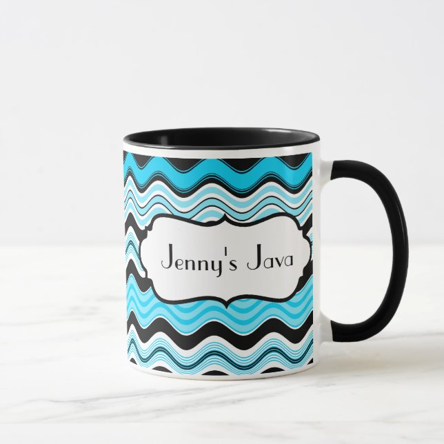 Caneca Aqua, Black, White Wavy Stripes Personalizadas (Direita)