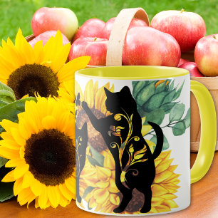 Caneca Aquarela Buquê de girassol Gato Silhueta Floral