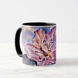 Caneca Aquarela de Flor Roxo Tropical em um Log