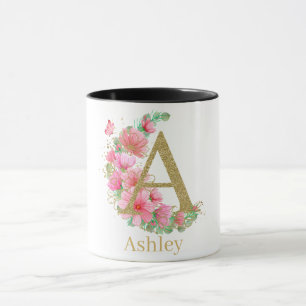 Caneca Aquarela Dourada e Monograma Floral Letra A