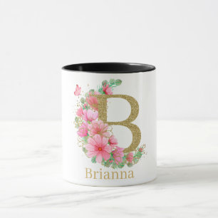 Caneca Aquarela Dourada e Monograma Floral Letra B