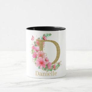 Caneca Aquarela Dourada e Monograma Floral Letra D