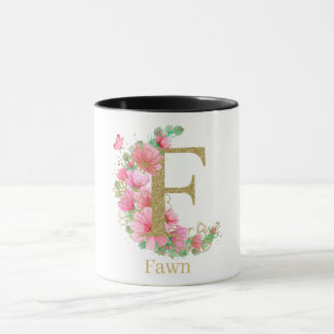Caneca Aquarela Dourada e Monograma Floral Letra F