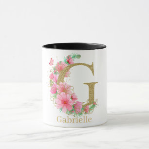 Caneca Aquarela Dourada e Monograma Floral Letra G