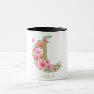 Caneca Aquarela Dourada e Monograma Floral Letra L
