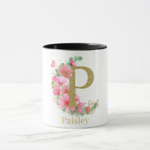 Caneca Aquarela Dourada e Monograma Floral Letra P