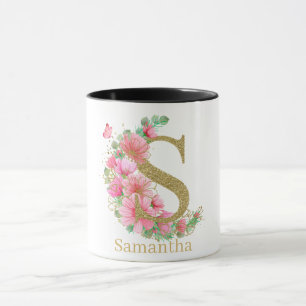 Caneca Aquarela Dourada e Monograma Floral Letra S