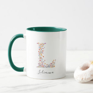 Caneca Aquarela Floral Letra L Monograma & Nome Personali