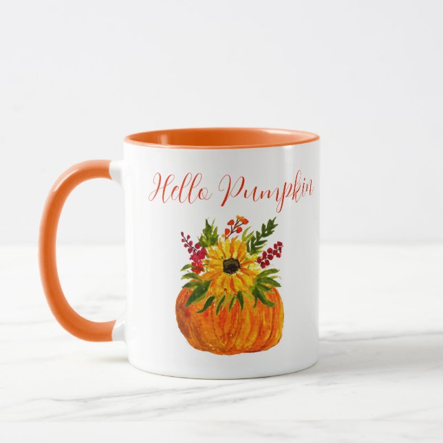 Caneca Aquarela Girassóis Pumpkin Outono Queda Russo (Esquerda)