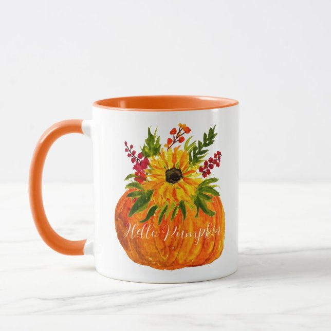 Caneca Aquarela Girassóis Pumpkin Outono Queda Russo (Esquerda)