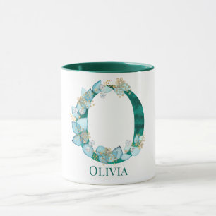Caneca Aquarela Monograma em Verde-Azul e Dourado Letra O