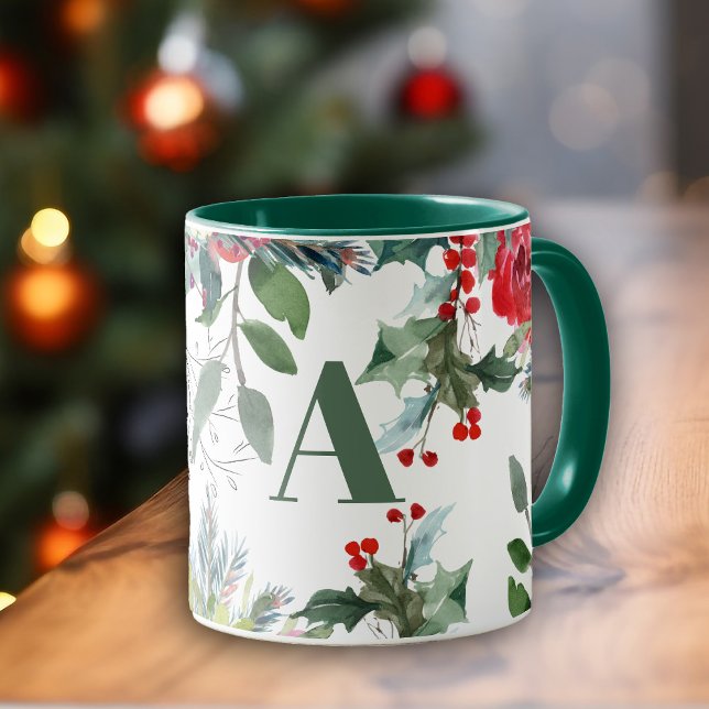 Caneca Aquarela Monograma floral elegante de Natal (Criador carregado)
