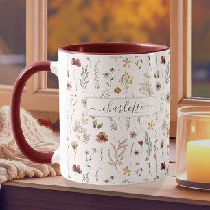 Caneca Aquarela Padrão de Flores Silvestres Bonitas